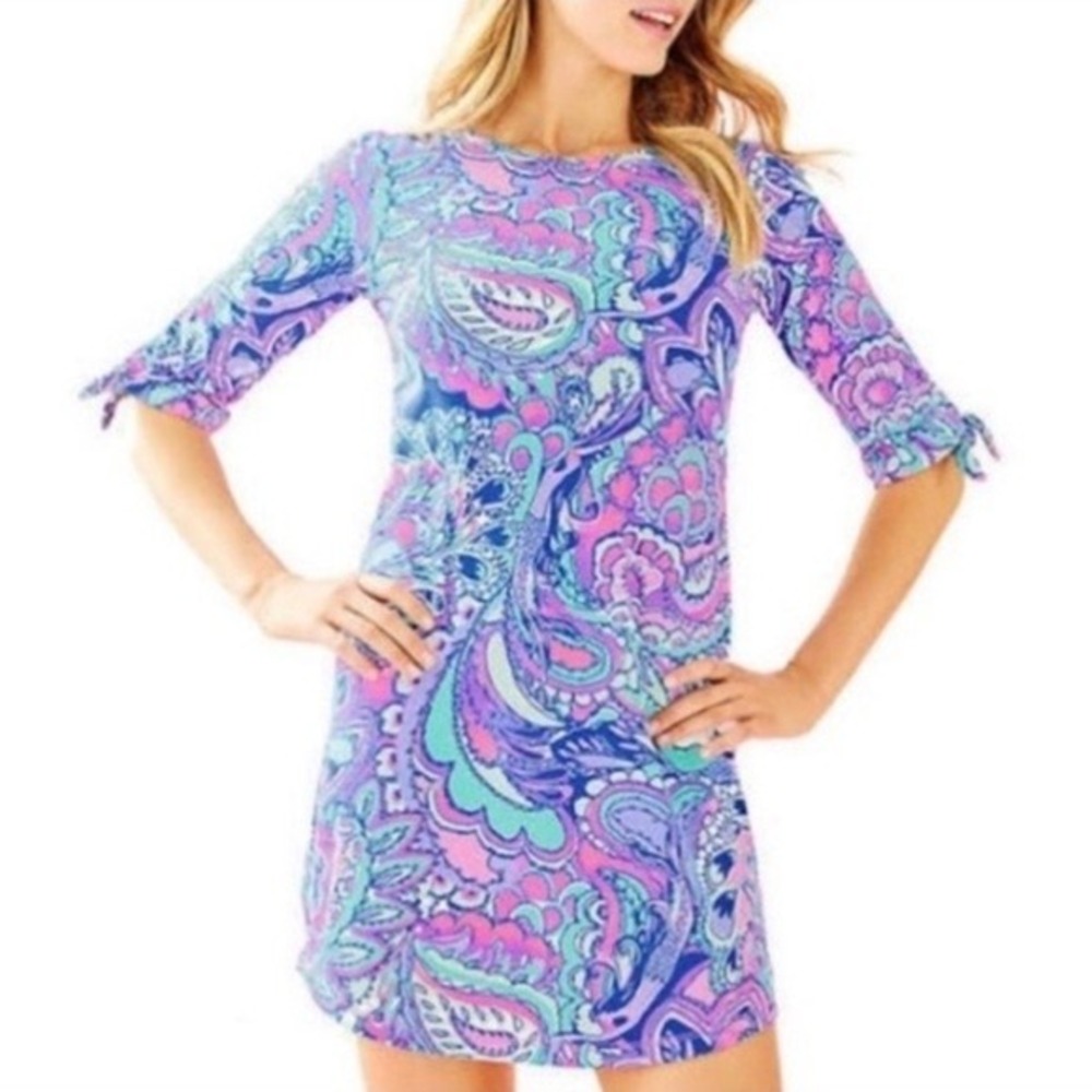 Lilly Pulitzer Preston Dress Womens XS Pima Cotton Paisley Tie Sleeve 001282